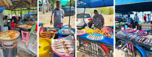 Des stands de poissons grilles sur la plage a Khanom en Thailande