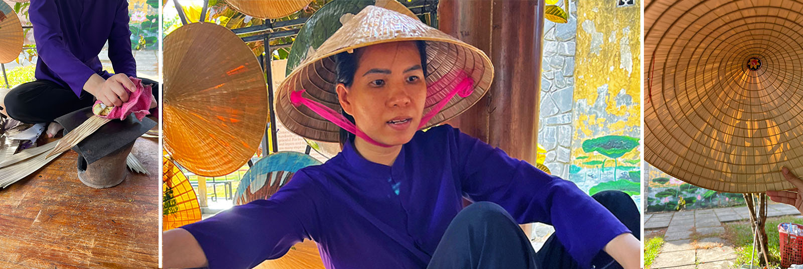fotos ilustrando el trenzado de sombreros en la ciudadela histórica de Hué