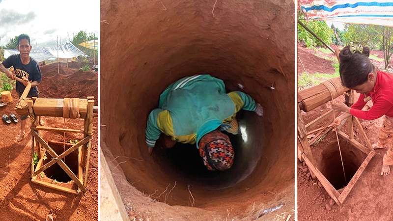 Tres fotos de minas de piedras preciosas en un pueblo Kroeung en la provincia de Ratanakiri a Camboya