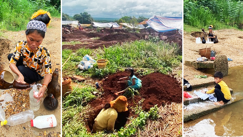 Tres fotos de minas de piedras preciosas en un pueblo etnico de la provincia de Ratanakiri a Camboya