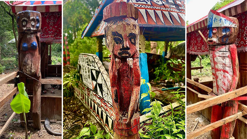 Tres fotos de un hermoso y colorido cementerio adornado por los tótems funerarios propios de la etnia Kachok