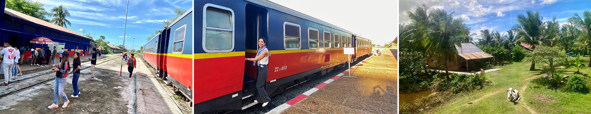Una mujer sube en un tren a camboya