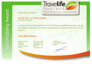 Certificat Travelife pour le statut Partenaire attribue a l'agence Les Voyages d'Angele au Cambodge