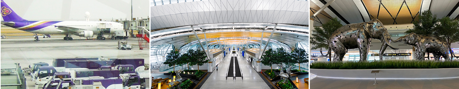 tres fotos del aeropuerto Suvarnabhumi de Bangkok con el nuevo terminal