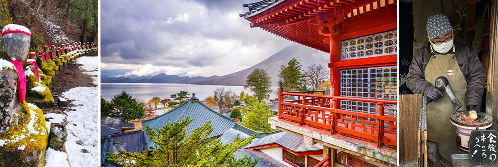 Tres fotos que representan a Nikko en Japón
