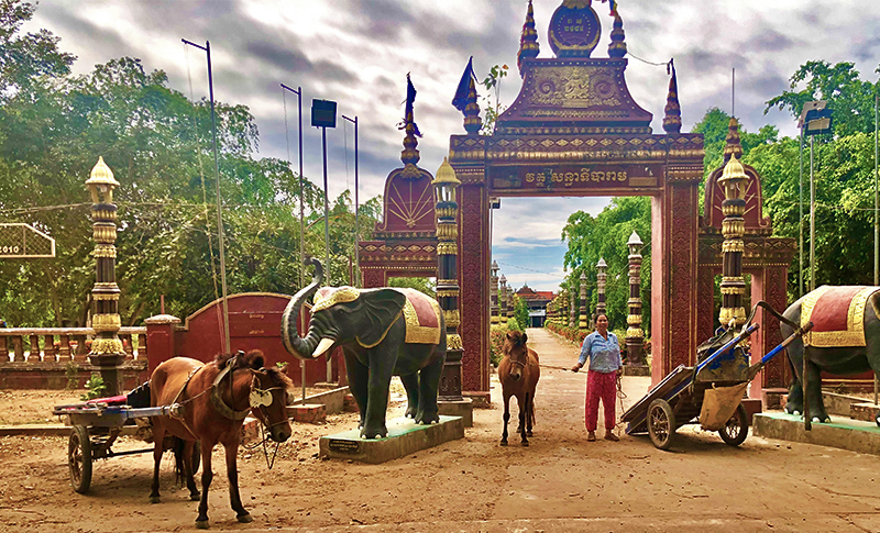 Una mujer camboyana y su caballo de tiro cerca del muelle de la isla de Koh Trong en la provincia de Kratie en Camboya