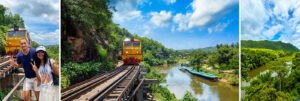 Composition de photos sur le train de la mort de Kanchanaburi entre Tham Krasae et Nam Tok