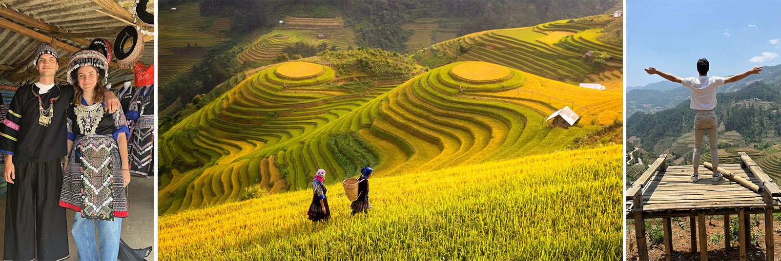 Composición fotográfica que ilustra la belleza y autenticidad de las montañas de Mu Cang Chai en el norte de Vietnam