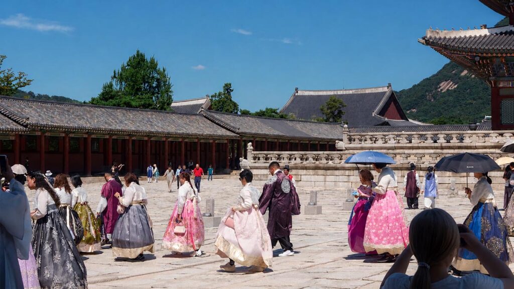 Visitantes vestidos con hanbok en el patio del palacio Gyeongbokgung de Seúl durante el verano