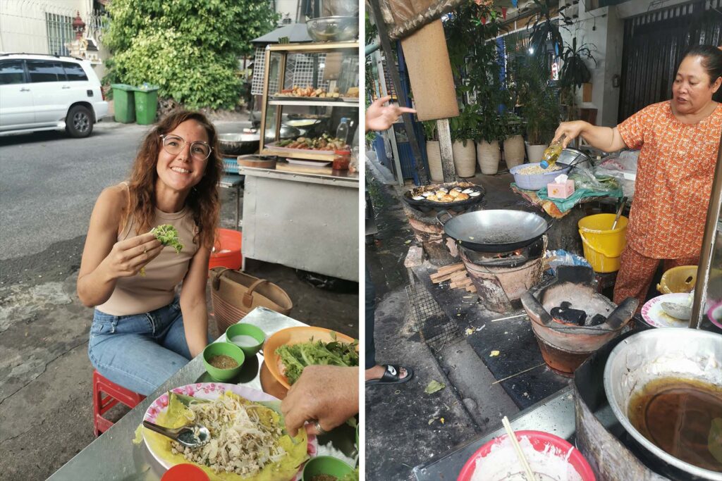 Amparo prueba una crepe camboyana mientras una cocinera prepara especialidades callejeras en Phnom Penh