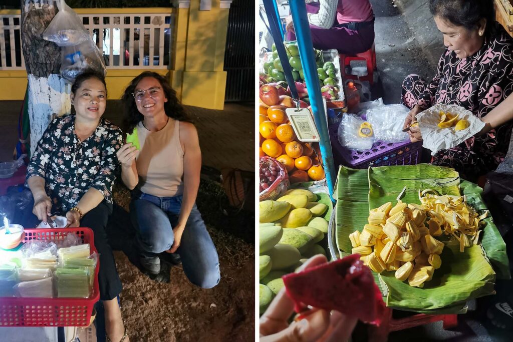 Amparo con la vendedora de rollitos de pandan y un puesto de frutas tropicales en Phnom Penh
