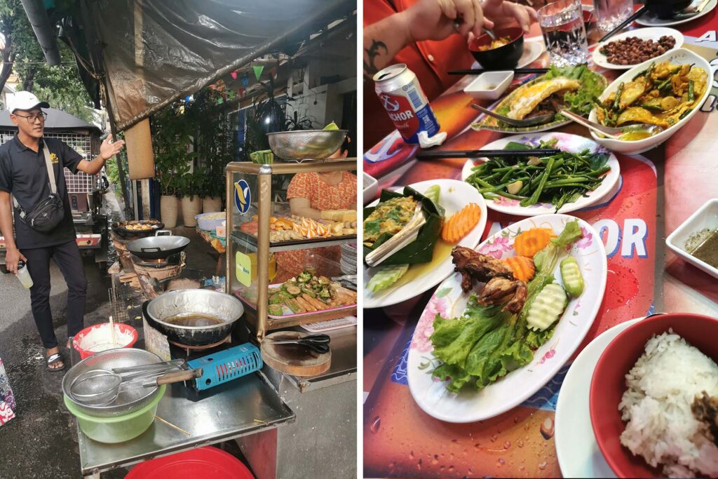 El guía del food tour ante un puesto callejero y una cena camboyana en Phnom Penh