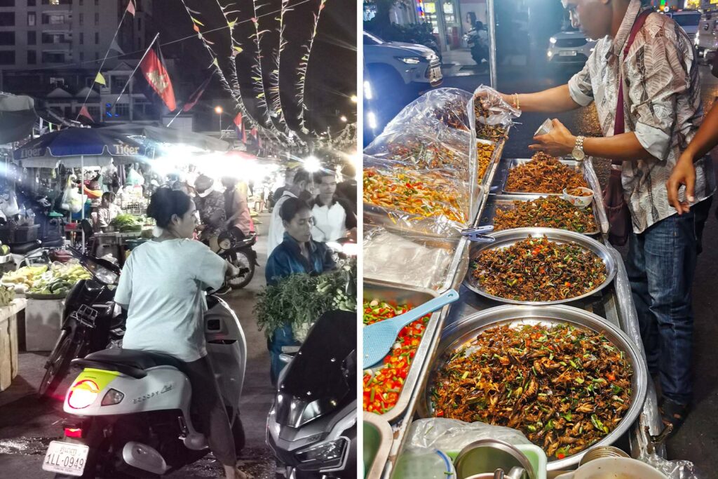 El Mercado Ruso de Phnom Penh al caer la noche y un puesto de insectos fritos
